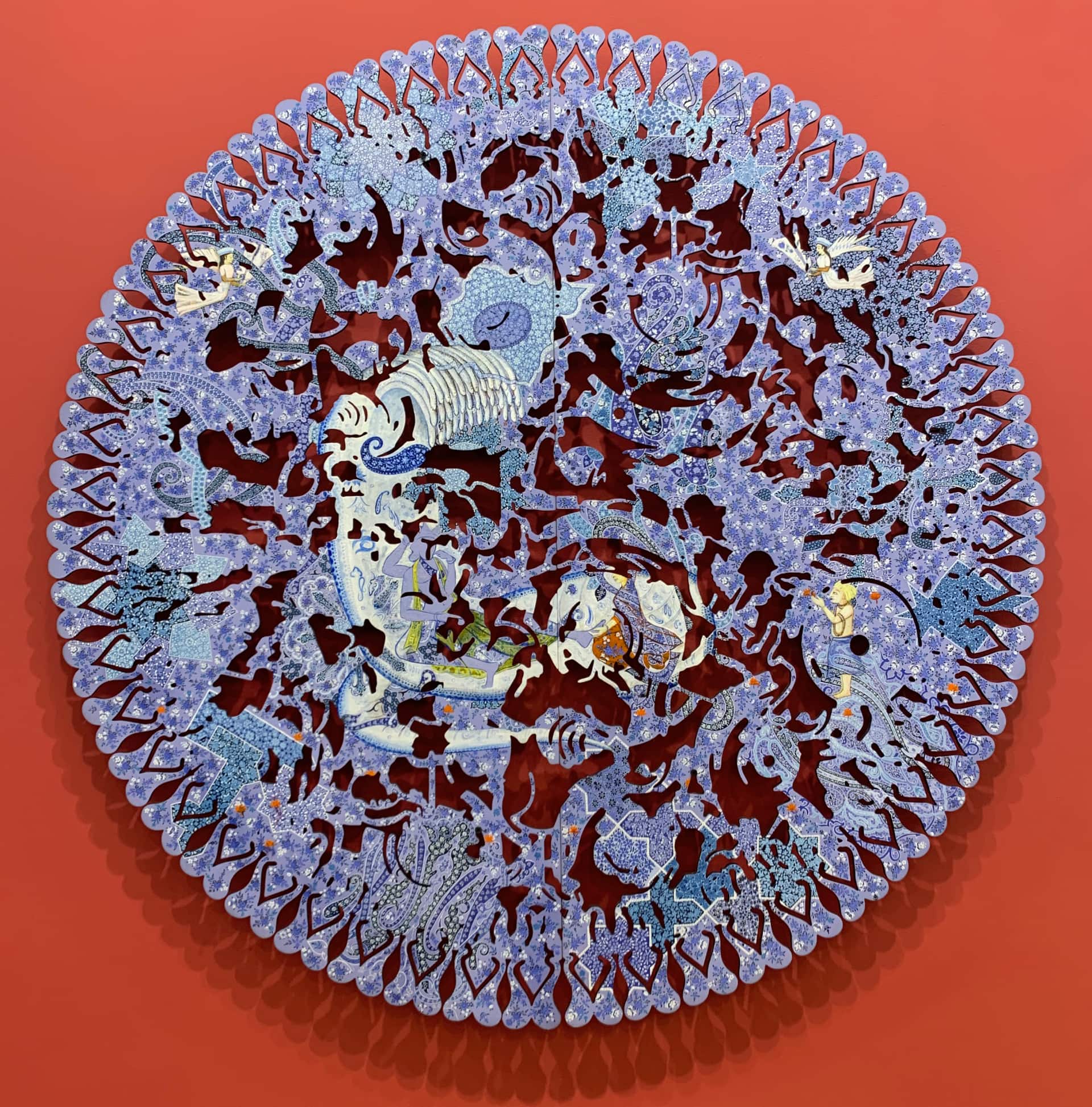 Srinagar-born Veer Munshi's 'Anantnag (Infinite Springs)', 2025, is hand-painted on MDF wood. Zoom in to see the papier mache and nakkashi influences as well as the Persian-style angels that link to Mughal miniatures.