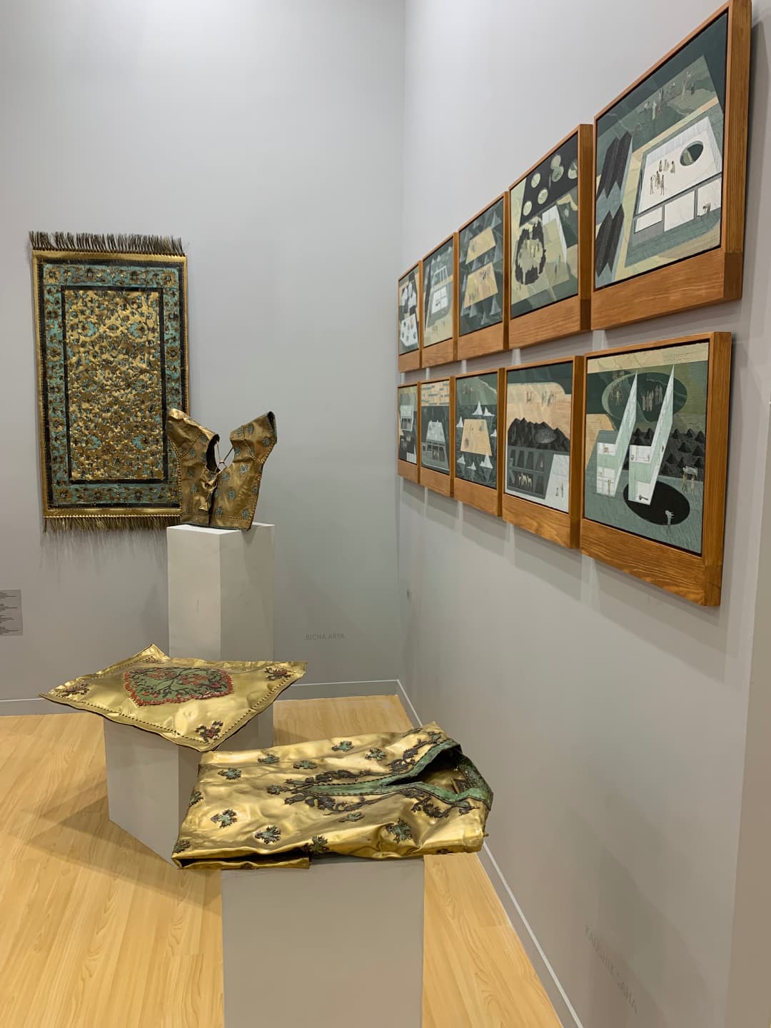 Speaking of materiality, there are a couple of unmissable exhibits built around fabric, embroidery - sometimes challenging our perceptions around what they should look and feel like, and at other times, leaning into their sheerness or stitch to build up the layers. Consider these handcut brass and bronze pieces by Richa Arya.