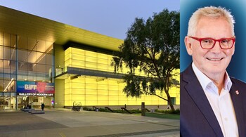 Queensland Gallery of Modern Art; and QAGOMA Director Chris Saines. (Gallery image credit: kgbo/Wikimedia Commons 4.0; Chris Saines photo via Australian High Commission, New Delhi)