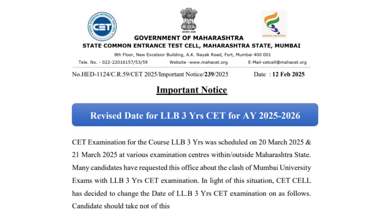MAH LLB 3-Year CET 2025: Exam Date Revised, Check New Schedule Here