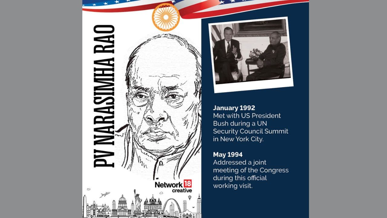 PV Narasimha Rao met with US President George H. W. Bush during a UN Security Council Summit in New York City. In May 1994, he addressed a joint meeting of the US Congress during his official working visit. (Image: News18 creative)