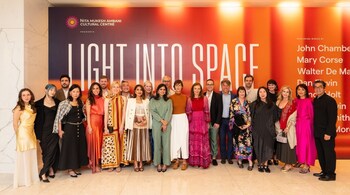 Isha Ambani with curator Jessica Morgan, assistant curator Dia Art Foundation Min Sun Jeon, and other delegates at the preview of Light Into Space in Mumbai