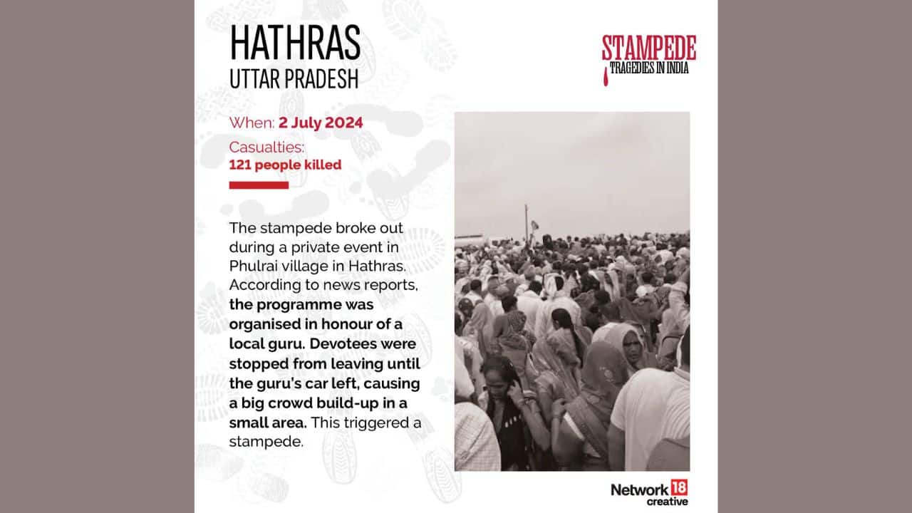 A stampede in Hathras, Uttar Pradesh, during a religious gathering resulted in 121 deaths. Thousands of devotees gathered to see a Hindu preacher, causing a deadly rush. (Image: News18 Creative)