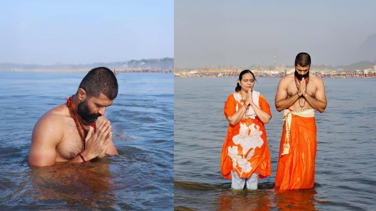 Vijay Deverakonda takes a holy dip at Kumbh Mela in Prayagraj with mother and close friends, says "Saying prayers with mummy dearest..."