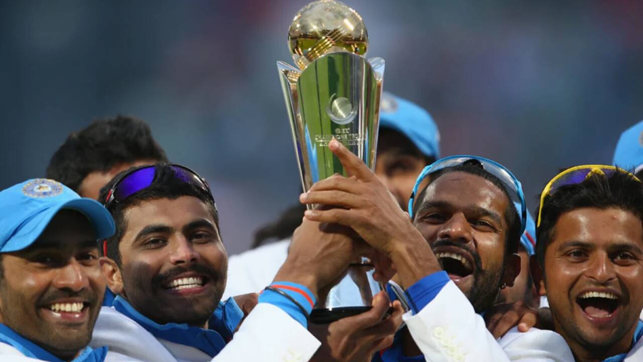 The Indian team celebrates after winning the ICC Champions Trophy in 2013