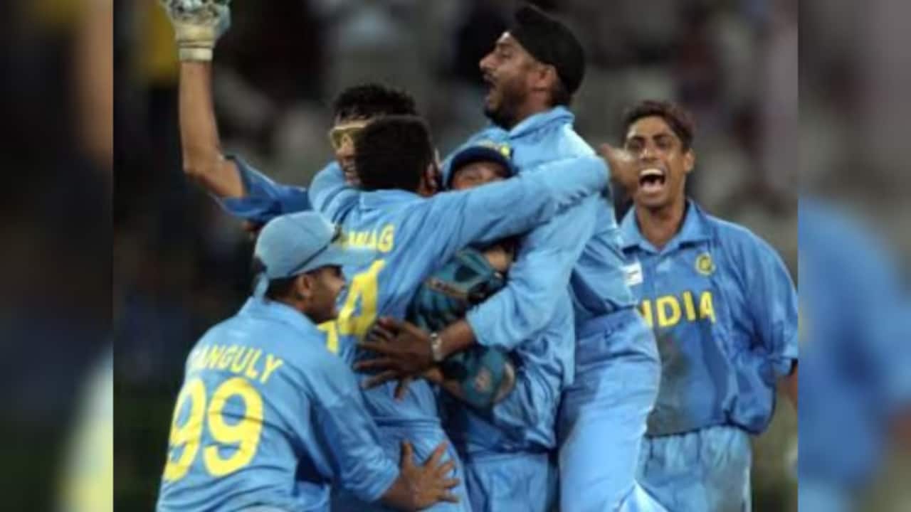 The Indian team celebrate during the ICC Champions Trophy 2002