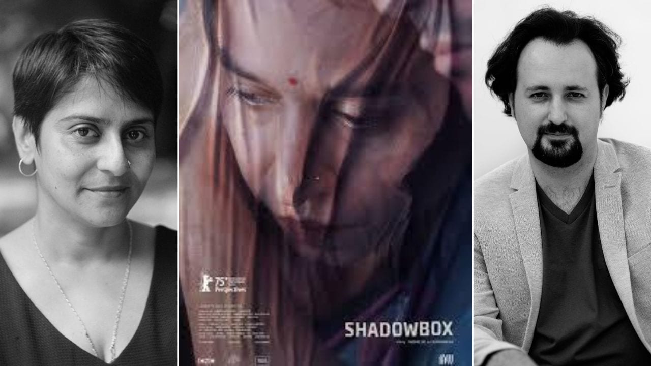 Directors Tanushree Das (left) and Saumyananda Sahi (right); poster of their debut feature film Shadowbox (Baksho Bondi), designed by Amrita Bagchi and Faraz Ali.