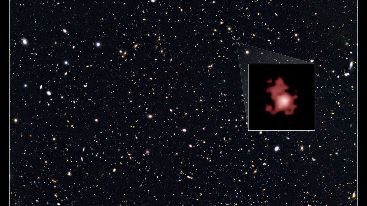 GN-z11 (13.4 Billion Years Old): Located 13.4 billion light-years away, GN-z11 is the oldest galaxy discovered to date, with its light taking billions of years to reach us.&quot; (Image: NASA/ESO)