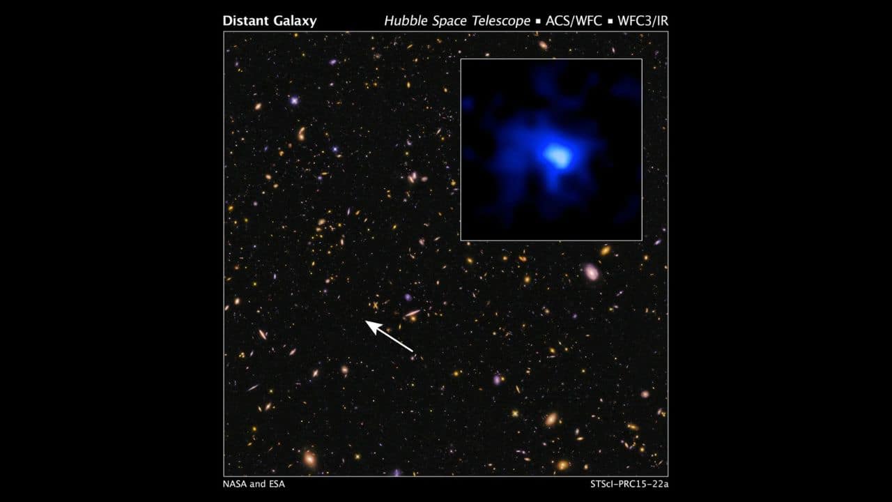 EGS-zs8-1 (13 Billion Years Old): This galaxy is one of the most distant ever observed, with its light traveling 13 billion years to reach us. (Image: NASA/ESO)