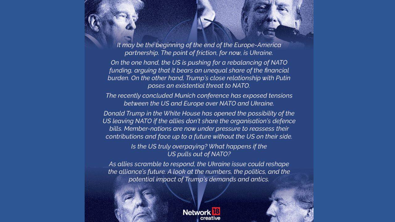 Trump’s stance on NATO, including demanding a more equal financial burden and his direct discussions with Putin, has created friction among European allies. The question arises whether the US is overpaying for NATO, and what the consequences would be if the US were to exit the alliance. This also raises concerns about the financial implications and the future of NATO’s dynamics.(Image: News18 creative)