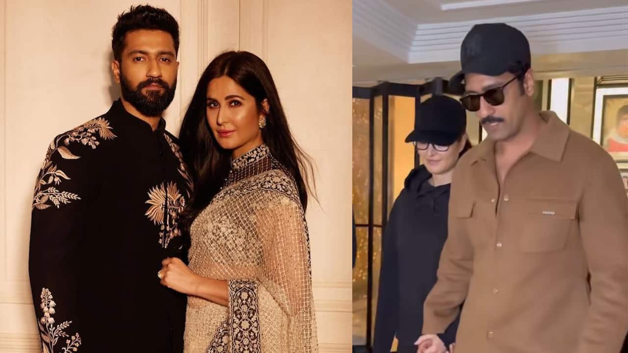 Chhaava actor Vicky Kaushal holds his wife Katrina Kaif’s hands as they go out on a movie date