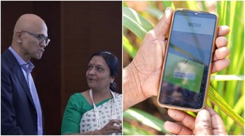 Microsoft's AI tools uses geospatial data, spatial temporal data from drones, satellites, and soil and help farmers understand the best practices for their lands in their vernacular languages, CEO Satya Nadella said. (Image credit: Microsoft)