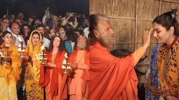 On February 24, Raveena Tandon and her daughter, Rasha Thadani, were seen seeking the blessings of Swami Chidanand Saraswati, President of Parmarth Niketan Ashram.