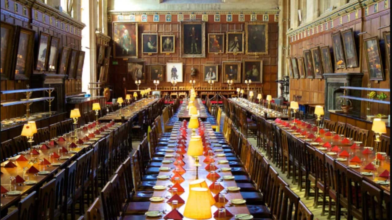 7. Eat in the Hall That Inspired Hogwarts Location: Christ Church College, Oxford, England Inspired by Christ Church College's great dining hall, the Great Hall of Hogwarts features exquisite staircases that show up in many scenes in the movies. With its centuries-old customs, soaring bookshelves, and amazing architecture, visiting the college feels like entering a real-life Hogwarts. (Image: Christ Church Oxford)