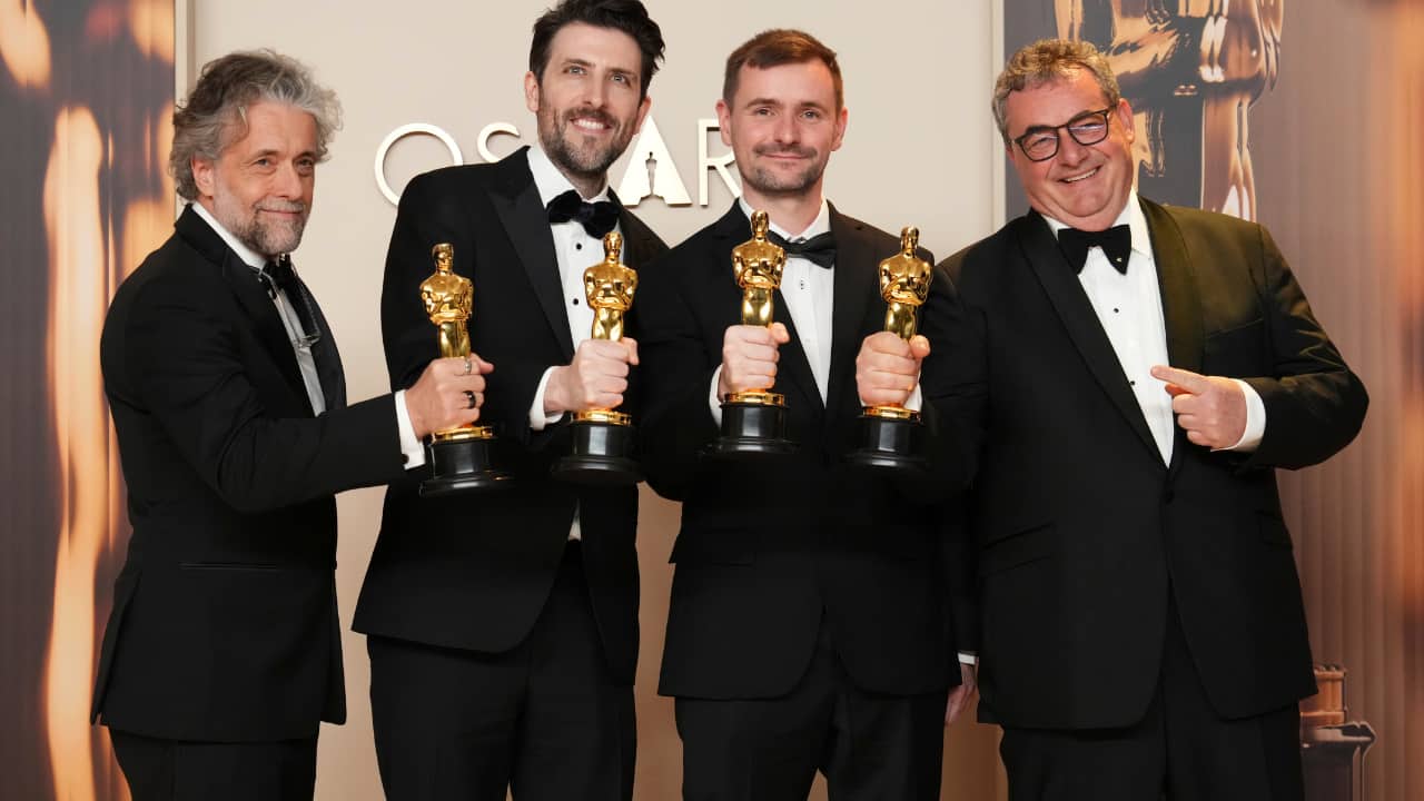 Paul Lambert, from left, Stephen James, Rhys Salcombe, and Gerd Nefzer, winners of the award for best visual effects for "Dune: Part Two," pose in the press room at the Oscars on Sunday, March 2, 2025, at the Dolby Theatre in Los Angeles. (Photo: AP)