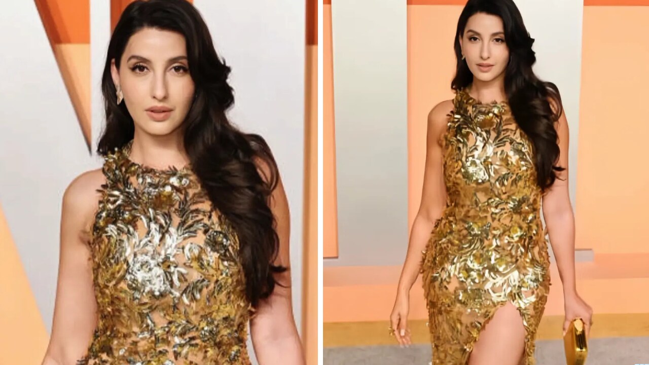 slim fit dress slacks Nora Fatehi Gold Beige Beadwork Lehenga