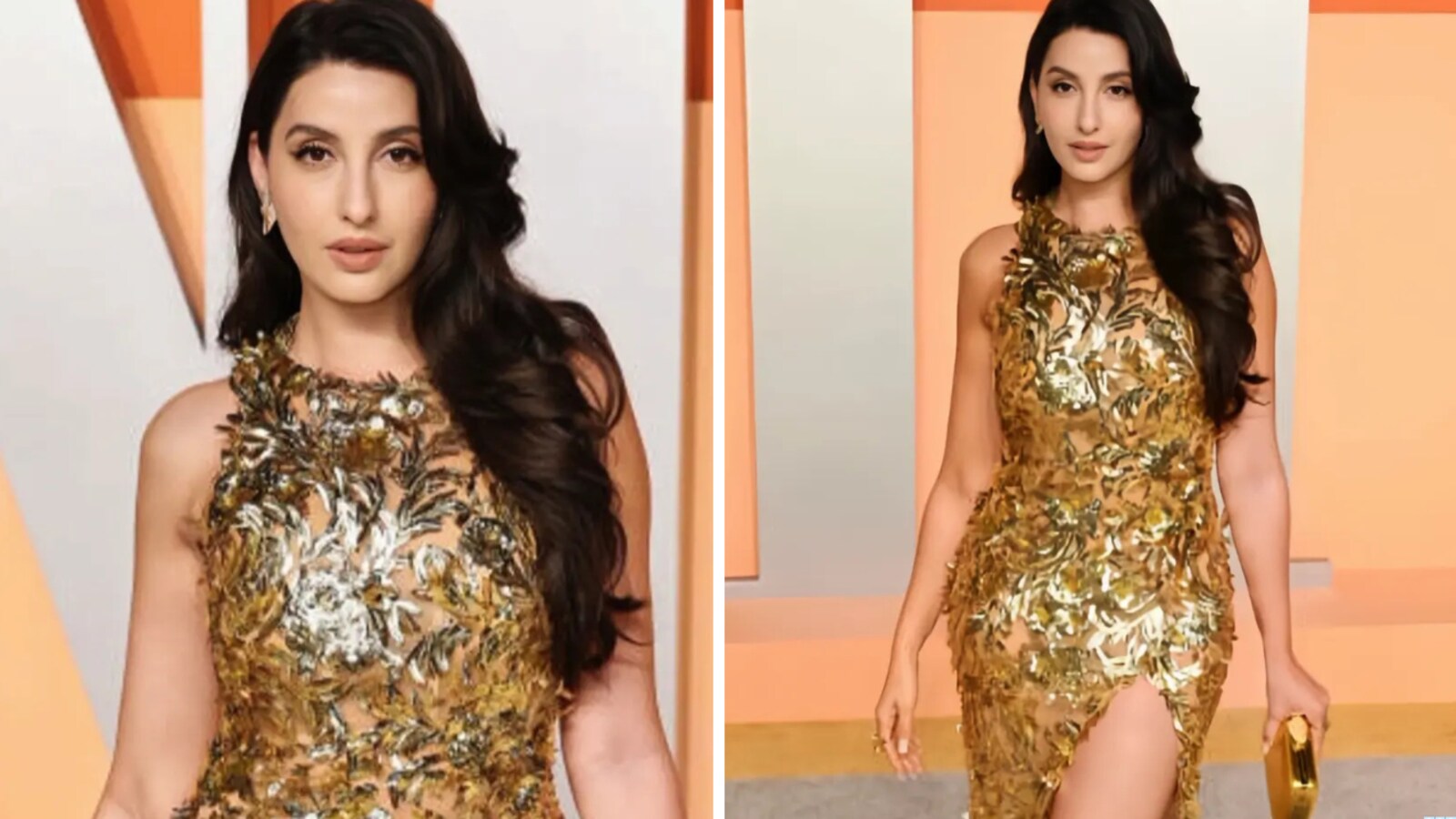 green emerald velvet dress Nora Fatehi Gold Beige Beadwork Lehenga