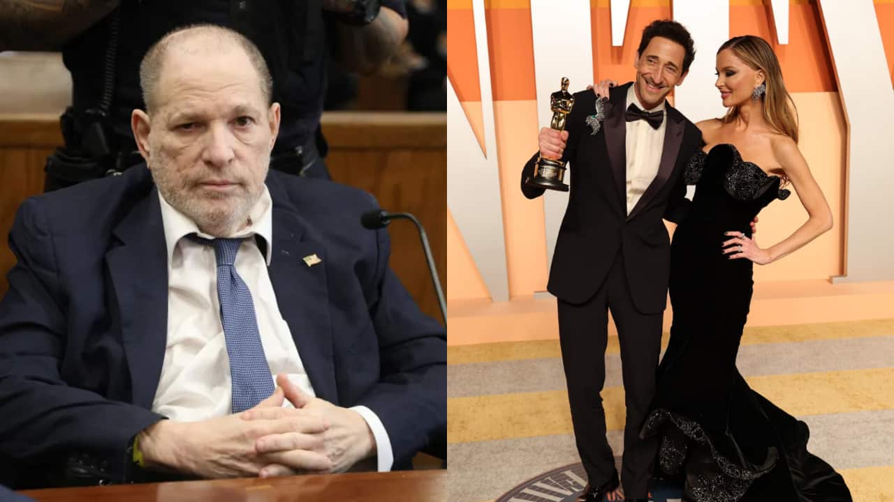 Harvey Weinstein reacts to Adrien Brody talking about his children in Oscars speech