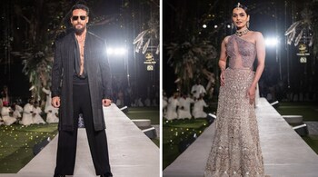 While Tiger Shroff wore an unbuttoned silk shirt paired with a waistband and straight-flared trousers,  Manushi Chillar's one-shoulder corset featured intricate embroidery and sheer details (Images: @taruntahiliani/Instagram)