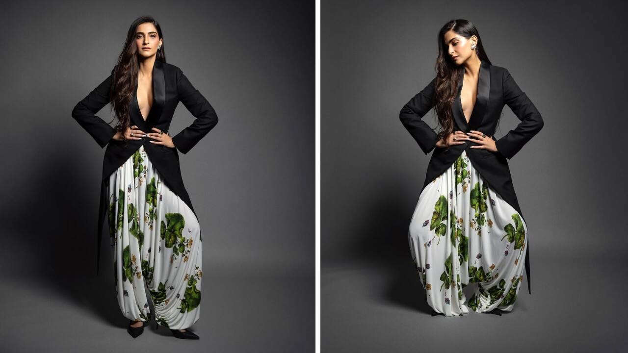 Sonam Kapoor shows-off sleek black tailcoat with floral harem pants, aces the super fun fusion look