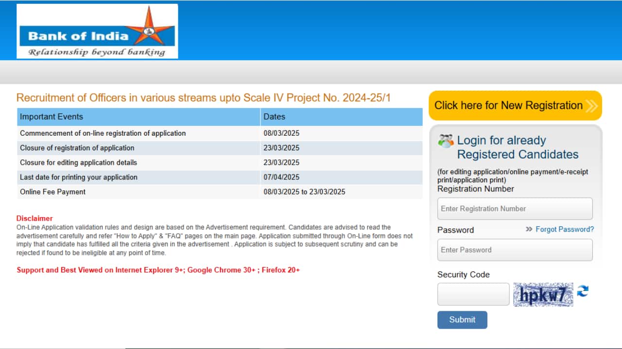 Bank of India SO Recruitment 2025: Registration Begins for 180 Posts, Apply by March 23