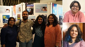 (Right, top) Tulika Srivastava; Ridhima Mehra; (left) Srivastava & Mehra with Oscar-nominated documentary filmmakers Sushmit Ghosh and Rintu Thomas, at 2019 Open Frame Film Festival, organised by the Public Service Broadcasting Trust, at Delhi's IIC. (Photos courtesy Rough Edges Arts and Media)