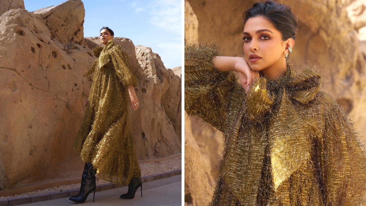 Deepika Padukone shimmered under the lights in the richly textured fabric, which featured a high neckline and an oversized bow (Images: @deepikapadukone/Instagram)