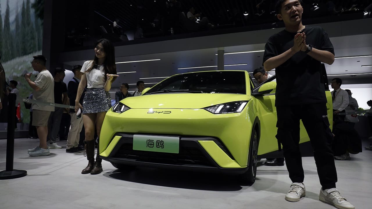 A BYD Seagull at the Shanghai Auto Show in 2023. Bloomberg
