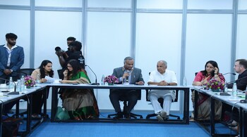 Karnataka IT-BT Minister Priyank Kharge, Karnataka Science & Technology Minister N.S. Boseraju, and IT-BT Secretary Ekroop Caur (L to R).