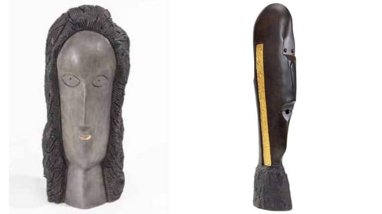 Himmat Shah's patinated bronze head (left) and patinated bronze with gold leaf, on show at Black Cube Gallery, Delhi.