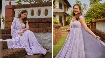 Mrunal Thakur's ensemble's soft pastel hue harmonized beautifully with the natural setting, enhancing the ethereal quality of her look (Images: @mrunalthakur/Instagram)
