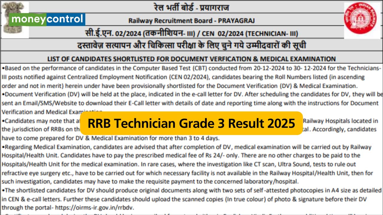 RRB Technician Grade 3 Result 2025 out @ rrb.digialm.com; direct link to cutoff, scorecard here RRB Technician Grade 3 Result 2025 out @ rrb.digialm.com; direct link to cutoff, scorecard here