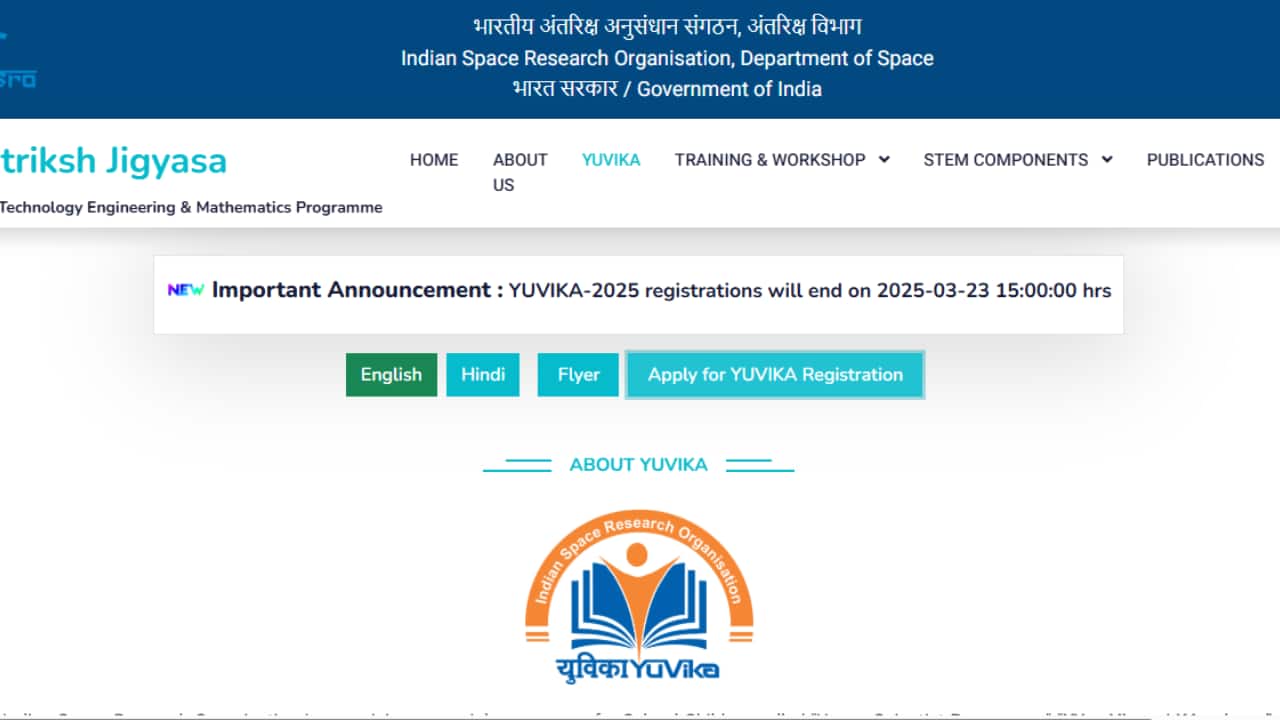 ISRO YUVIKA 2025 Registration Closes Tomorrow, Direct Link to Apply Here