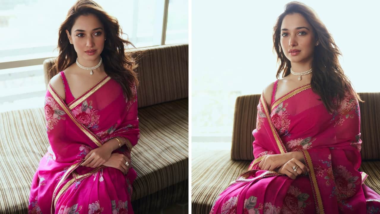 Tamannaah Bhatia's saree was accessorised with a double-layered pearl choker, studs, and rings (Images: @tamannaahspeaks/Instagram)