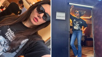 Mahira Khan wore minimal makeup and completed the look with sunglasses and striped sliders (Images: @mahirahkhan/Instagram)