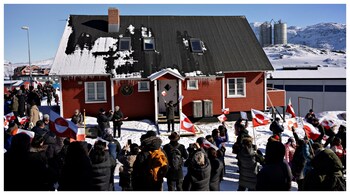 Protesters in front of the US consulate during a demonstration, under the slogan 'Greenland belongs to the Greenlandic people' in Nuuk, Greenland. (Courtesy: Reuters photo)