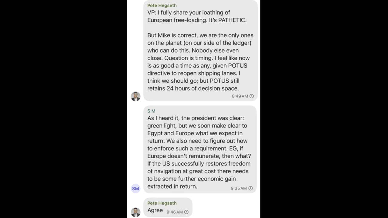 A screenshot from the Signal group shows debate over the president’s views ahead of the attack