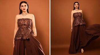 Aditi Rao Hydari's strapless peplum top featured a flattering fit-and-flare silhouette, making it both chic and figure-flattering, and it went perfectly with Aditi's glowing skintone and svelte body type (Images: @aditiraohydari/Instagram)