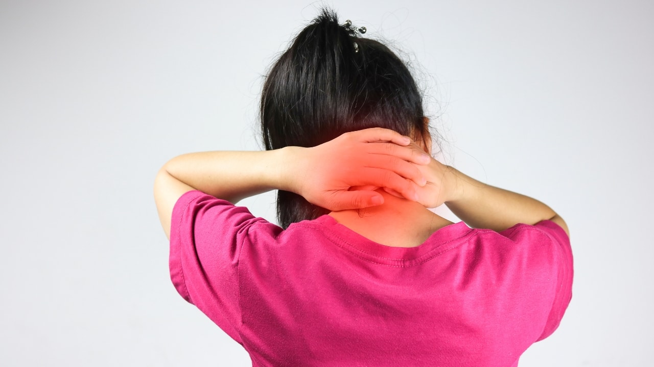 Causes of text neck pain: When the head tilts forward at a 60-degree angle, a common posture while texting, the neck supports about 60 pounds of pressure, equivalent to carrying a small child (Image: Canva)