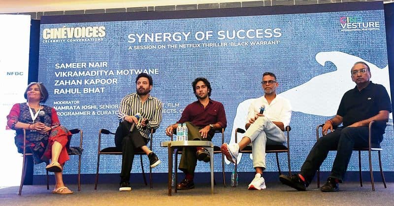 (From right) Producer & Applause Entertainment CEO Sameer Nair, Vikramaditya Motwane, Zahan Kapoor and Rahul Bhat at a panel at Cinevesture International Film Festival, Chandigarh. 
