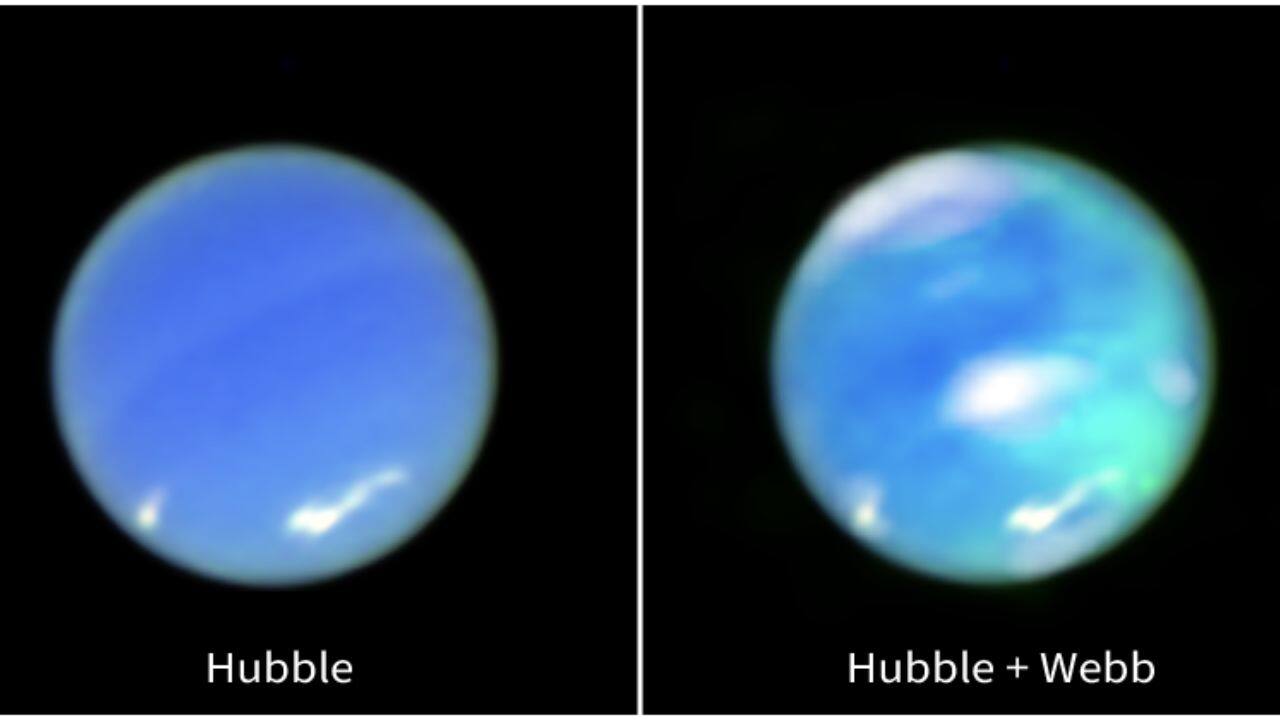 At the left, an enhanced-color image of Neptune from NASA’s Hubble Space Telescope. At the right, that image is combined with data from NASA’s James Webb Space Telescope. The cyan splotches, which represent auroral activity, and white clouds, are data from Webb’s Near-Infrared Spectrograph (NIRSpec), overlayed on top of the full image of the planet from Hubble’s Wide Field Camera 3. (Image: NASA)