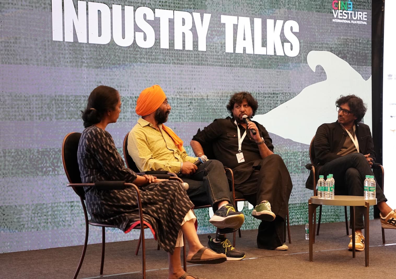 (From right) Producer Chirag Bajaj, director-producer Abhishek Chaubey, directro-producer Honey Trehan, Major DP Singh (Retd) speaking at the session 'The challenges of making a biopic' at the recent 2nd Cinévesture International Film Festival, in Chandigarh. 