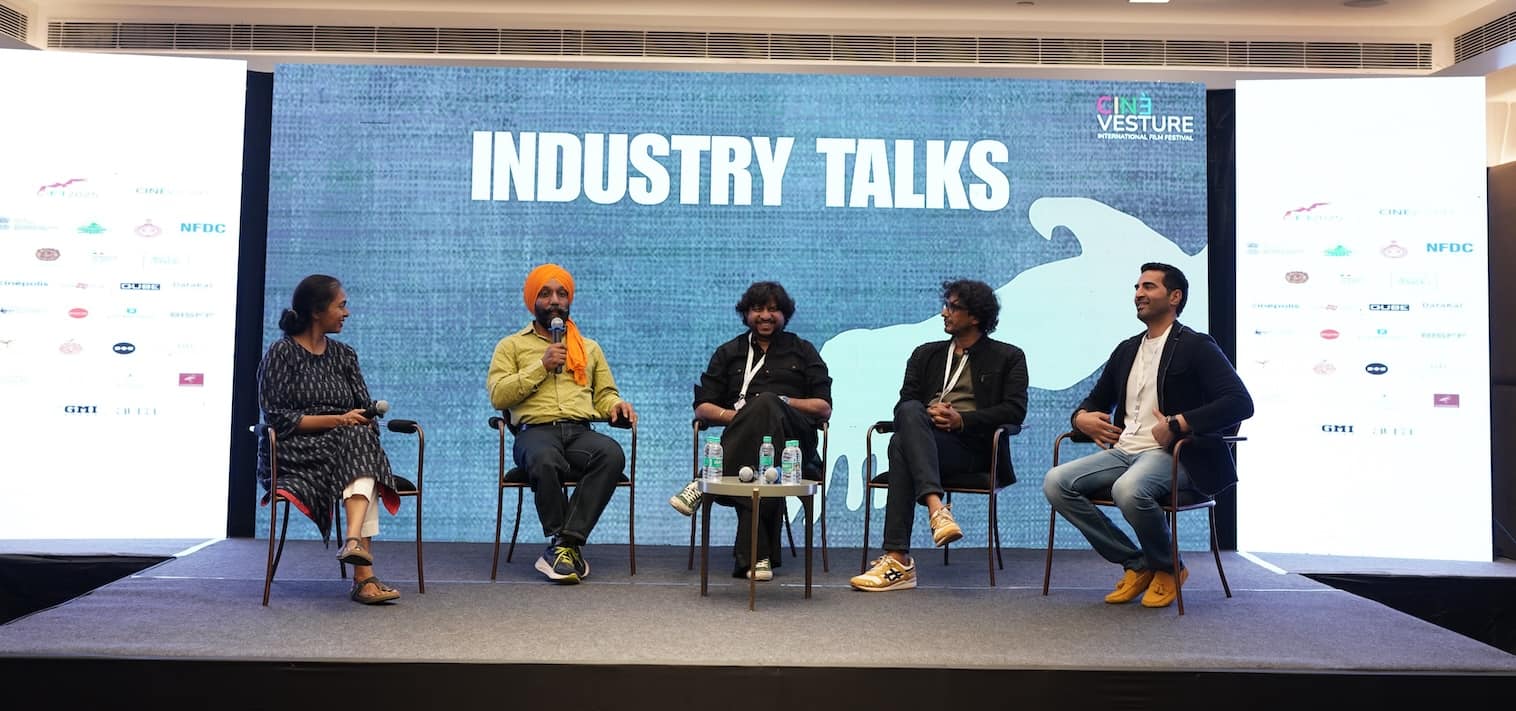 (From right) Producer Chirag Bajaj, director-producer Abhishek Chaubey, directro-producer Honey Trehan, Major DP Singh (Retd) speaking at the session 'The challenges of making a biopic' at the recent 2nd Cinévesture International Film Festival, in Chandigarh.