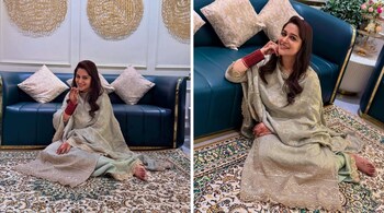 Dipika Kakar wore a shimmering pastel green ensemble adorned with delicate golden embroidery. Her outfit featured a long kurta, matching pants, and a dupatta—all seamlessly coordinated (Image: @ms.dipika)