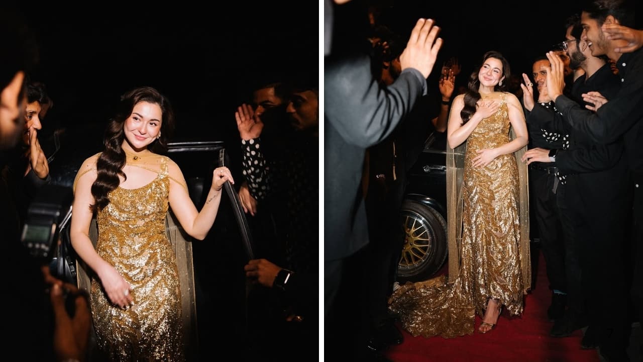Hania Aamir in golden dress (Images: @haniaheheofficial/Instagram)