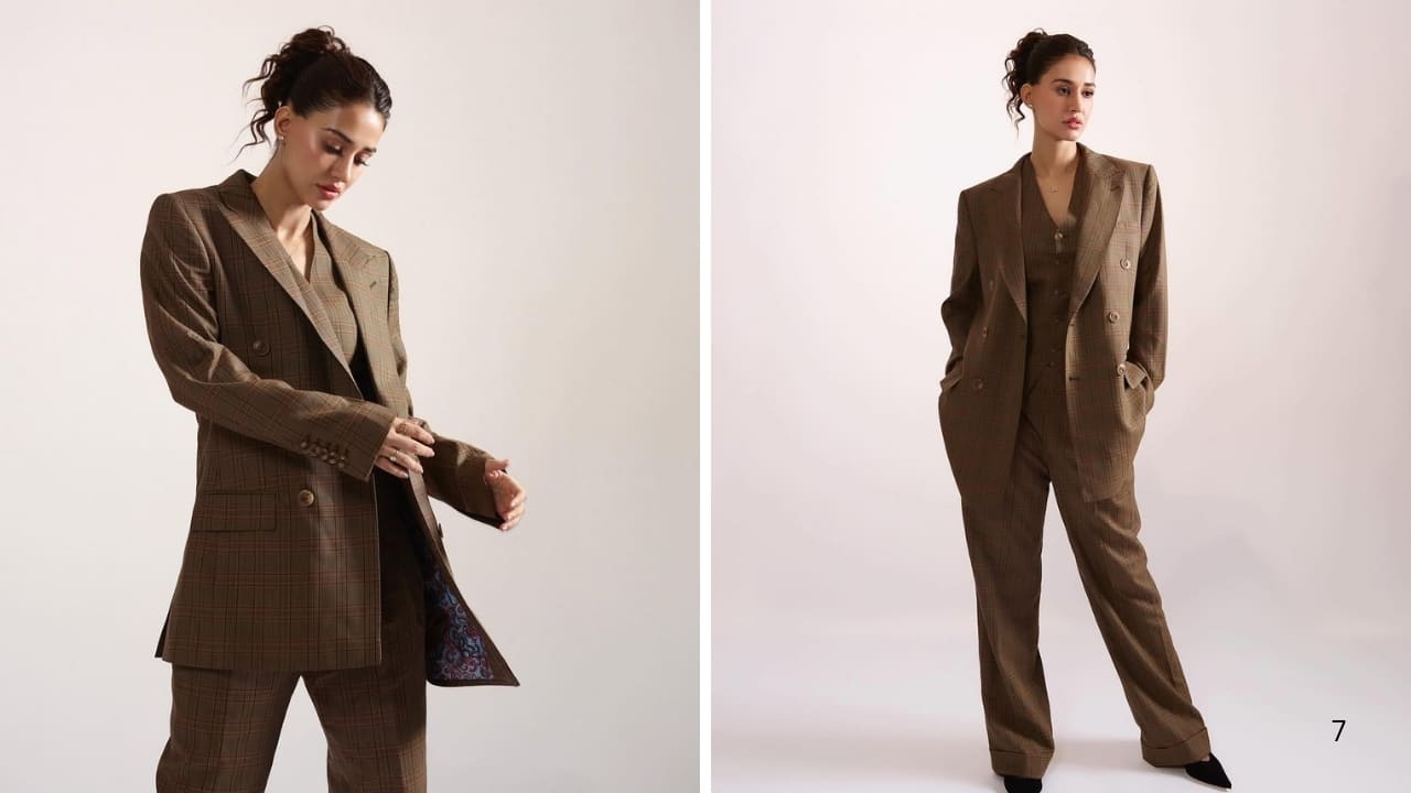 Disha Patani';s outfit featured a tailored oversized blazer with structured shoulders, a matching waistcoat with button details, and high-waisted trousers (Images: @dishapatani/Instagram)