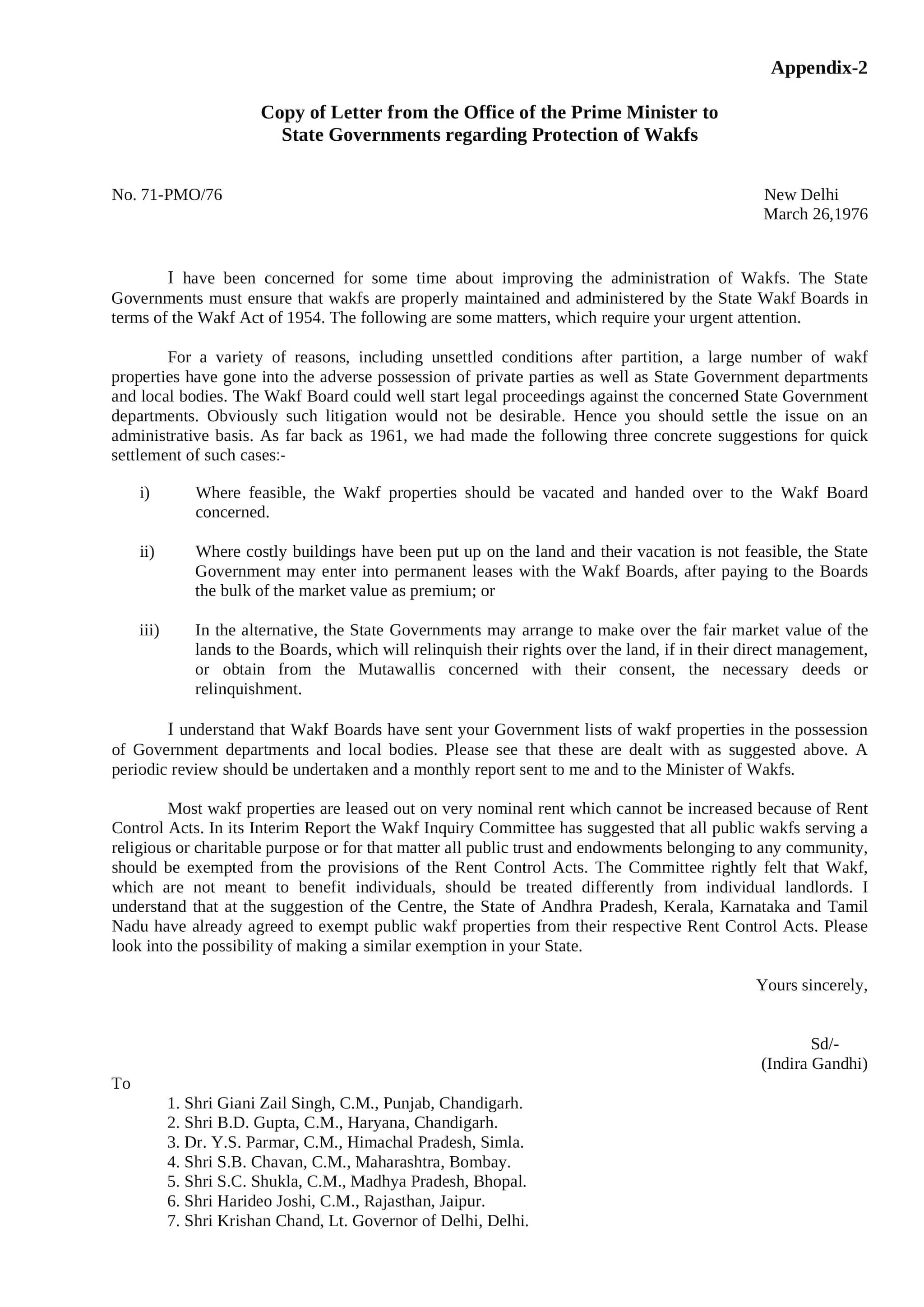 A copy of the letter by then PM Indira Gandhi to states in March 1976. (Source: wamsi.nic.in)