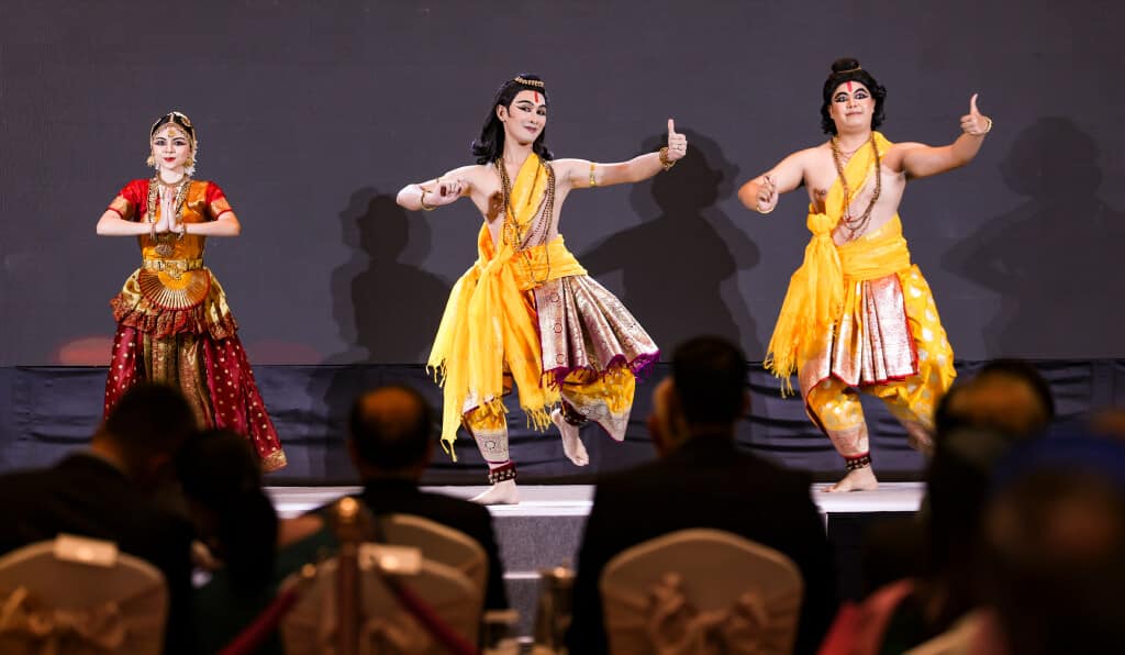 Artistes perform at a cultural programme on 'Ramayana' before Prime Minister <a rel=