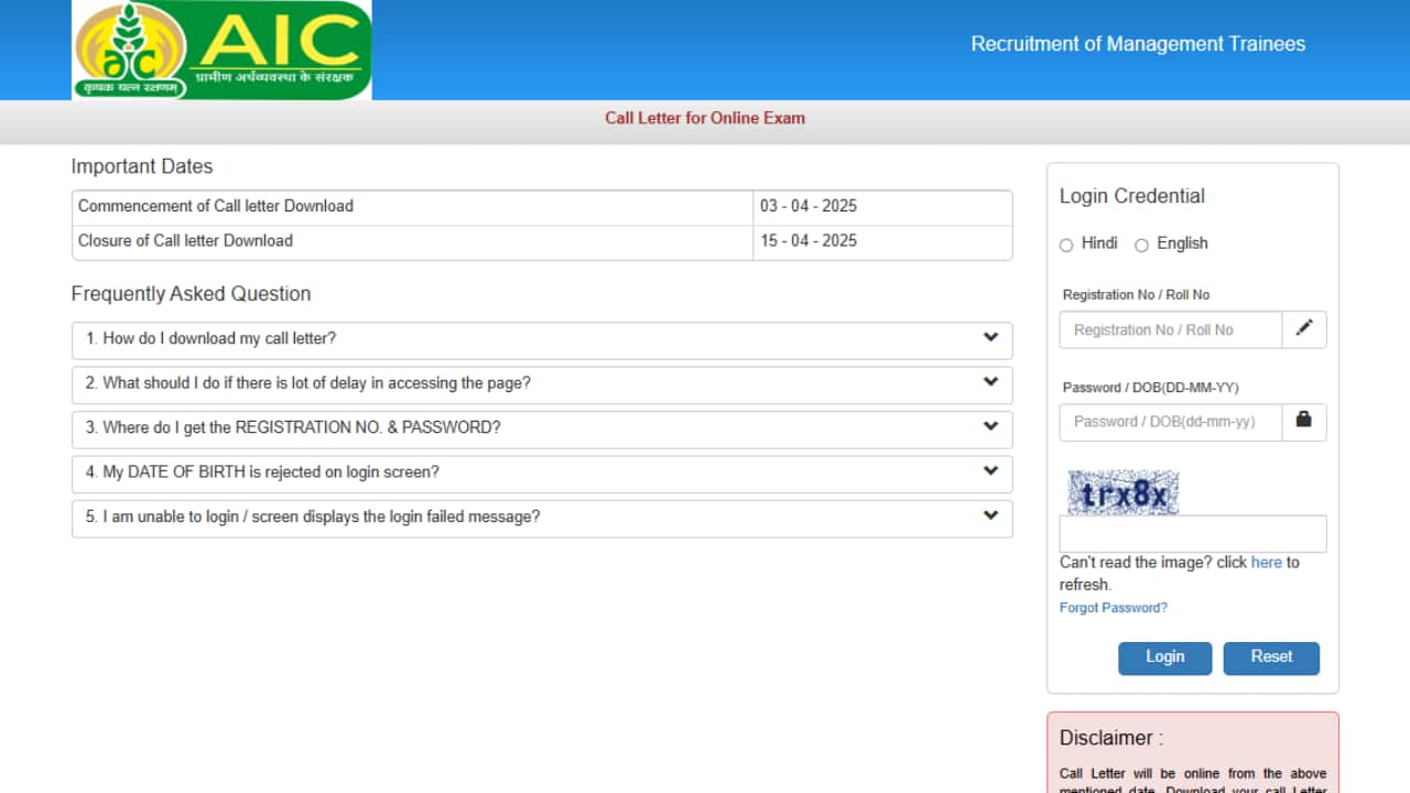 AIC MT Admit Card 2025 Released; Direct Link to Download Here AIC MT Admit Card 2025 Released; Direct Link to Download Here