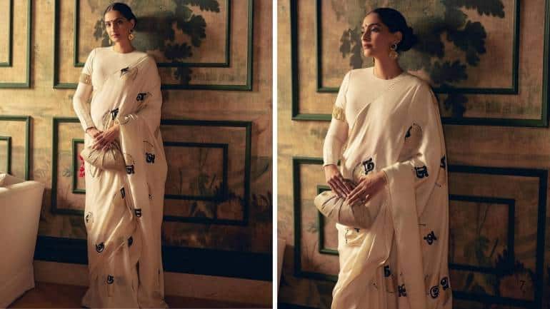 Sonam Kapoor looked breathtaking in the ivory mul silk silhouette, featuring beautiful foil work and intricate embroidery, paired with a handwoven cotton blouse (Images: @rheakapoor/Instagram)